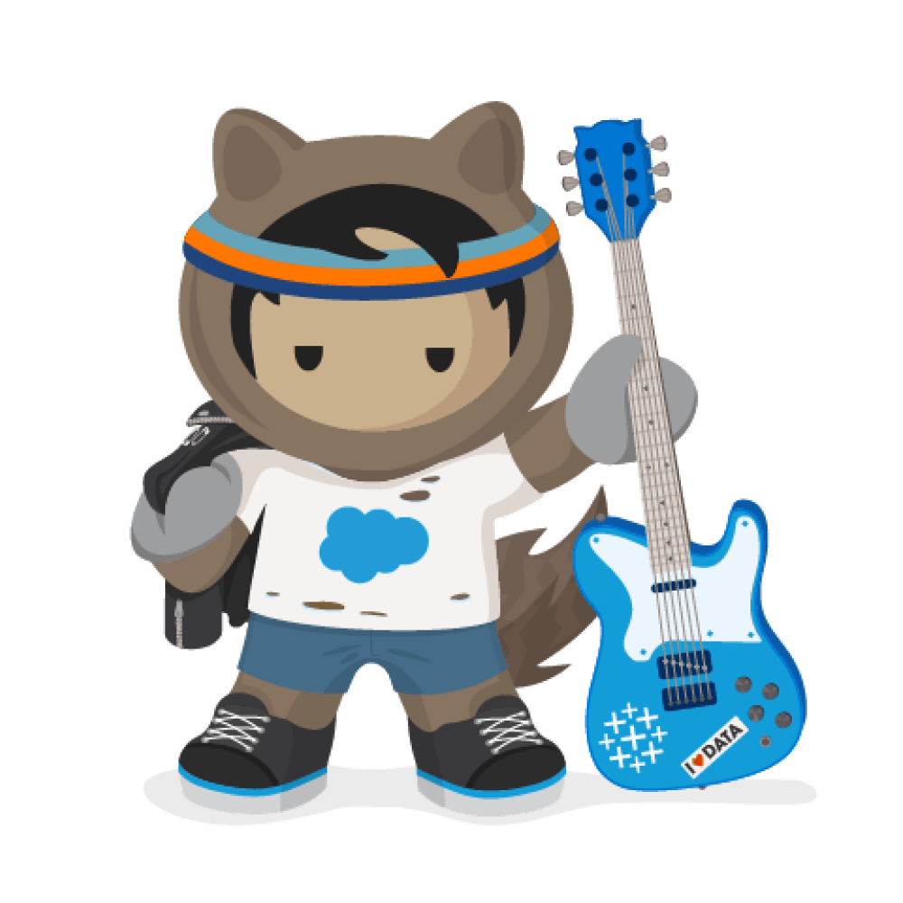 Astro, la data rockstar, con una chitarra elettrica blu in mano e un adesivo “I <3 DATA”