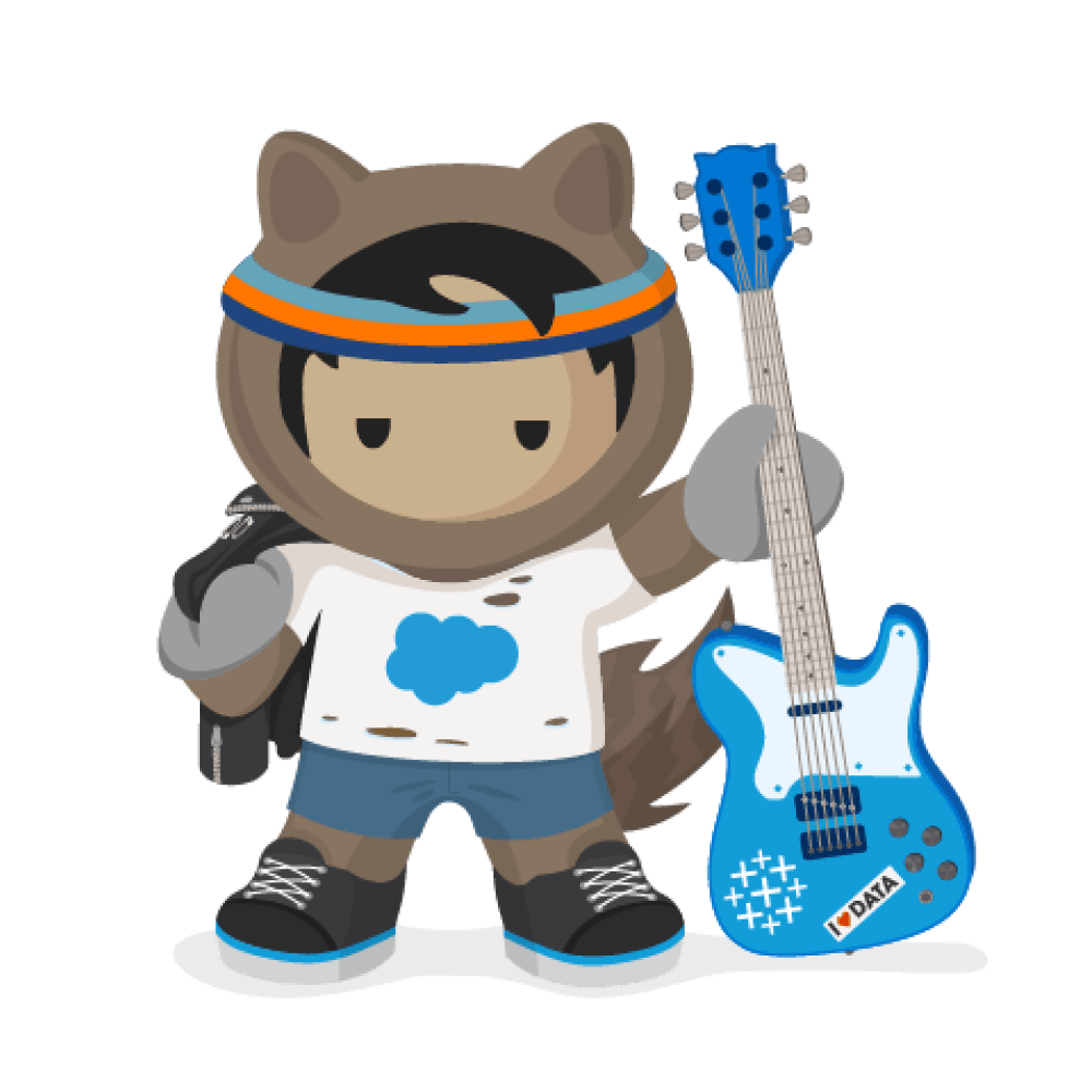 Astro the Data Rockstar houdt een blauwe elektrische gitaar vast met een 'I <3 DATA'-sticker