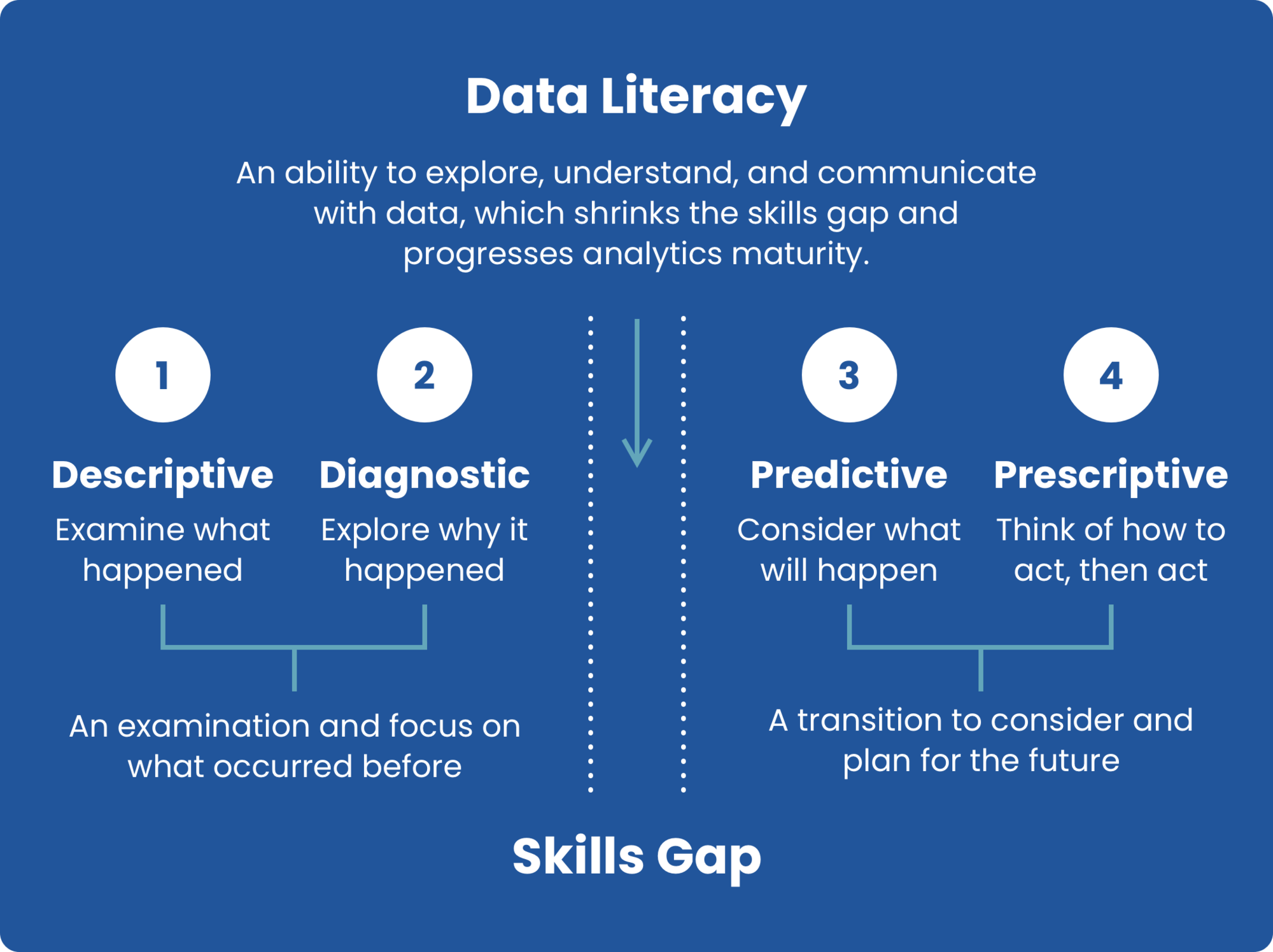 4 levels of analytics maturity (descriptive, diagnostic, predictive, and prescriptive), with data literacy sitting between diagnostic (why it happened) and predictive (what will happen)
