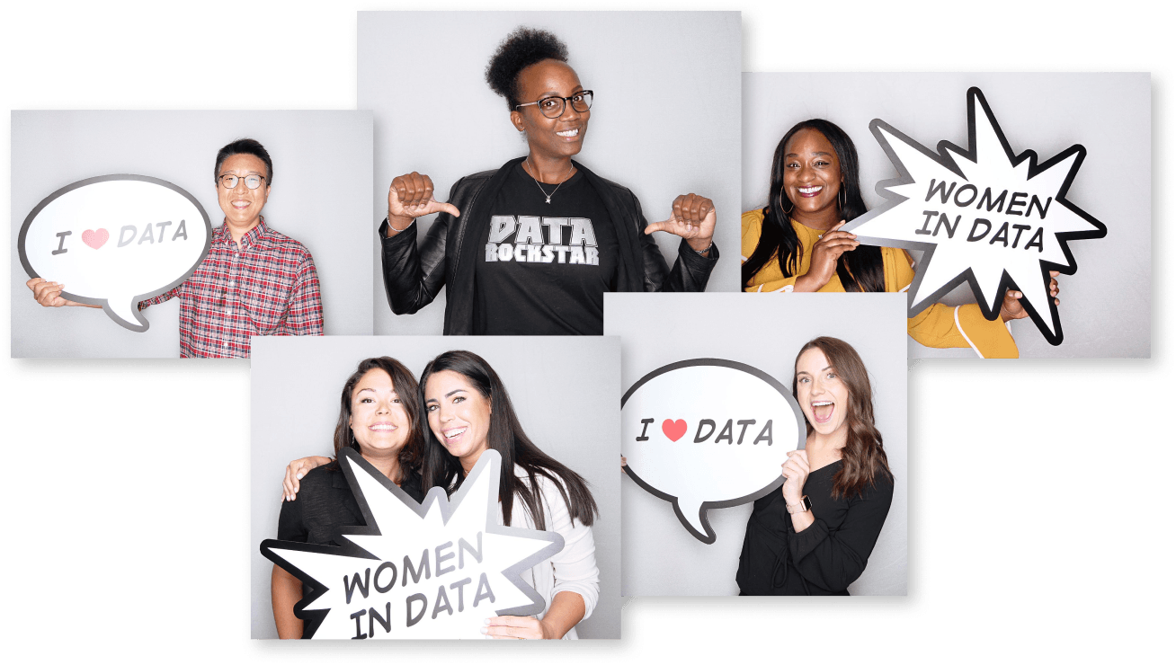 Collage di persone sorridenti con cartelli sui dati: I heart data, Women in data