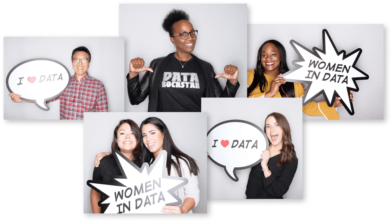 Collage av leende människor med dataskyltar: I heart data, women inom data