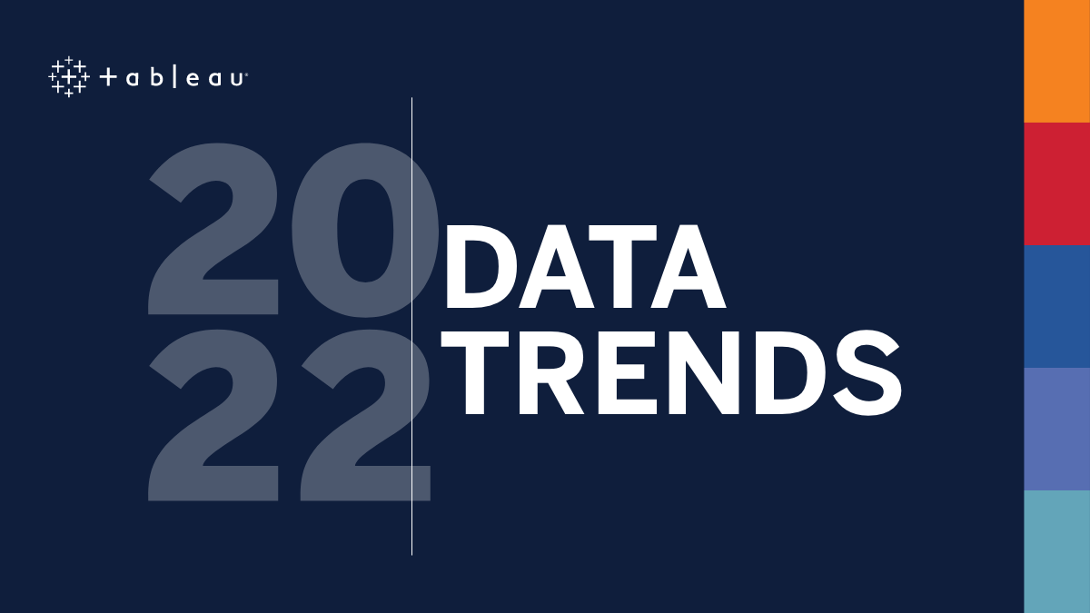 Immagine con sfondo blu scuro e logo di Tableau che riporta i "trend del mondo dei dati per il 2022"