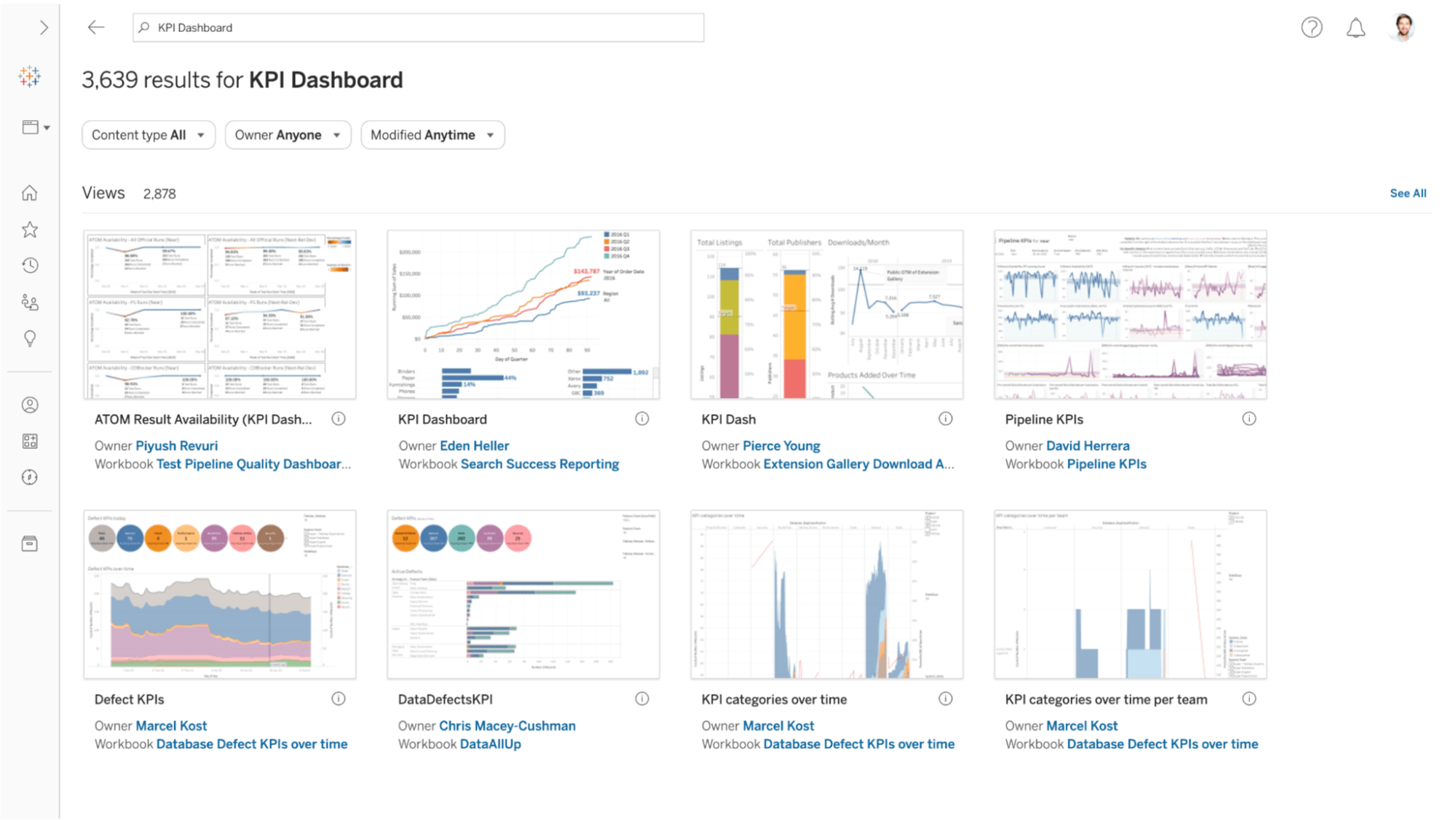 Tableau interface showing search results in the new search experience released with Tableau 2022.1