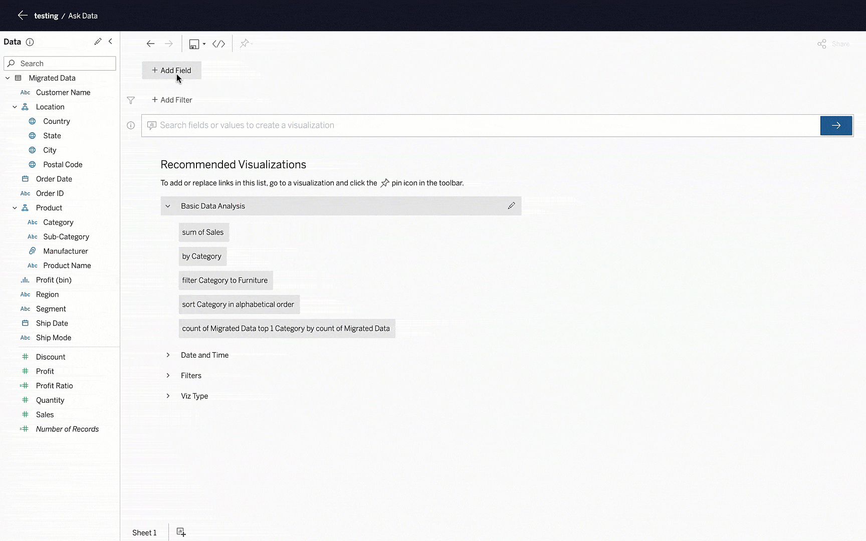 GIF animado da interface de linguagem natural do Pergunte aos dados do Tableau em que o usuário seleciona campos rotulados como "Vendas ", "Estado" e "Móveis" da "Categoria" como filtro e a visualização resultante mostra um mapa com a soma de vendas de móveis por estado.