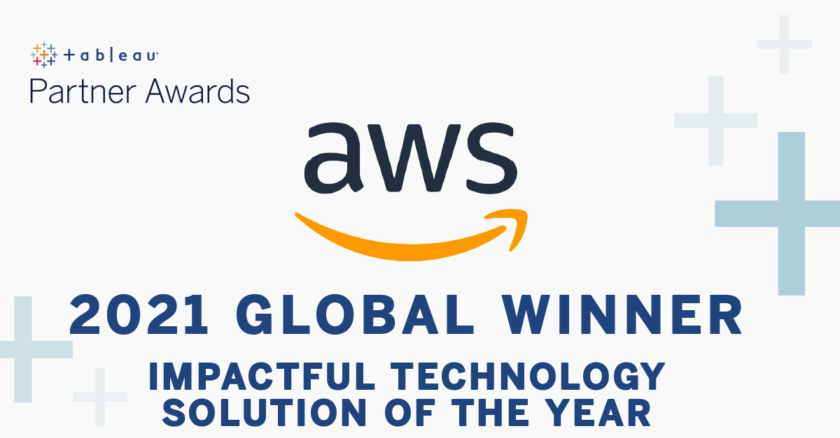  An award banner with the text: Tableau Partner Awards: 2021 Global Winner, Impactful Technology Solution of the Year: AWS