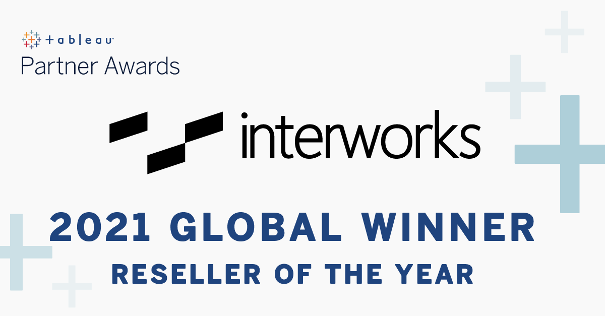 An award banner with the text: Tableau Partner Awards: 2021 Global Winner, Reseller of the Year: Interworks