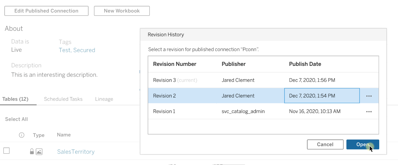 Pop-up window to edit Virtual Connections and revision history.