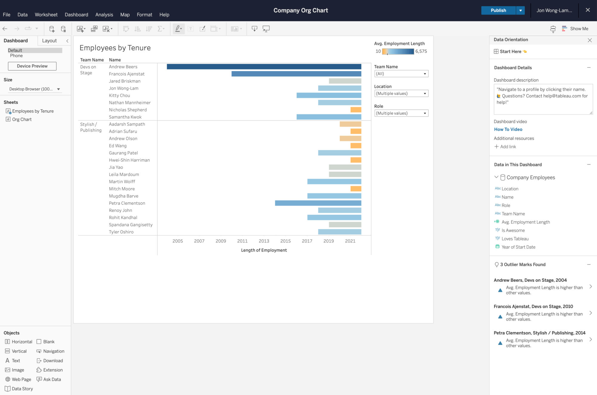 Tableau interface showing the Discover Pane to the right of a viz, which offers information like data descriptions, a list of data sources and fields, a summary of how the data is filtered, links to external resources, and more.