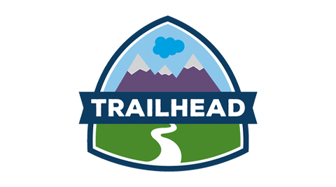 Trailhead badge with path, mountains, and Salesforce cloud
