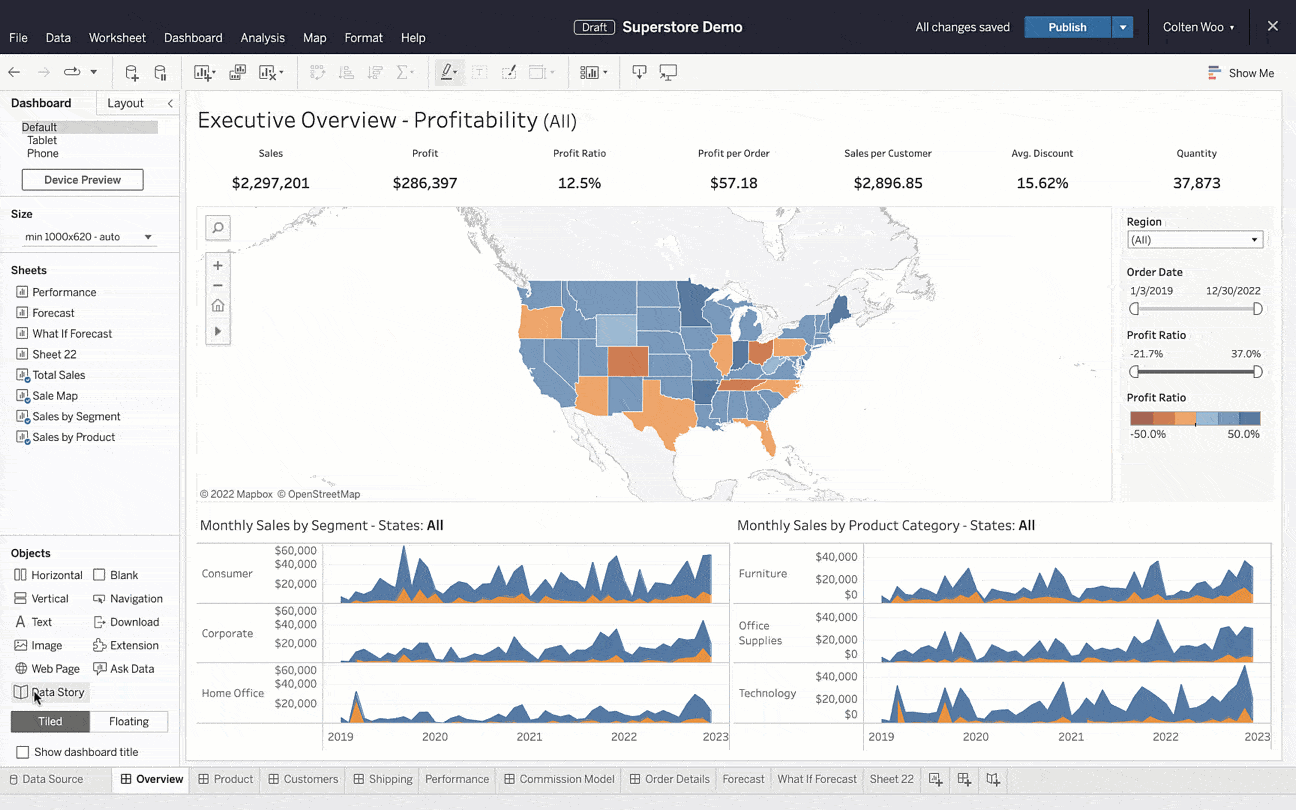 Animated GIF of a Tableau dashboard showing the Data Stories feature, where a user drags and drops a data story object onto the dashboard to automatically generate explanations of insights and takeaways in plain language.