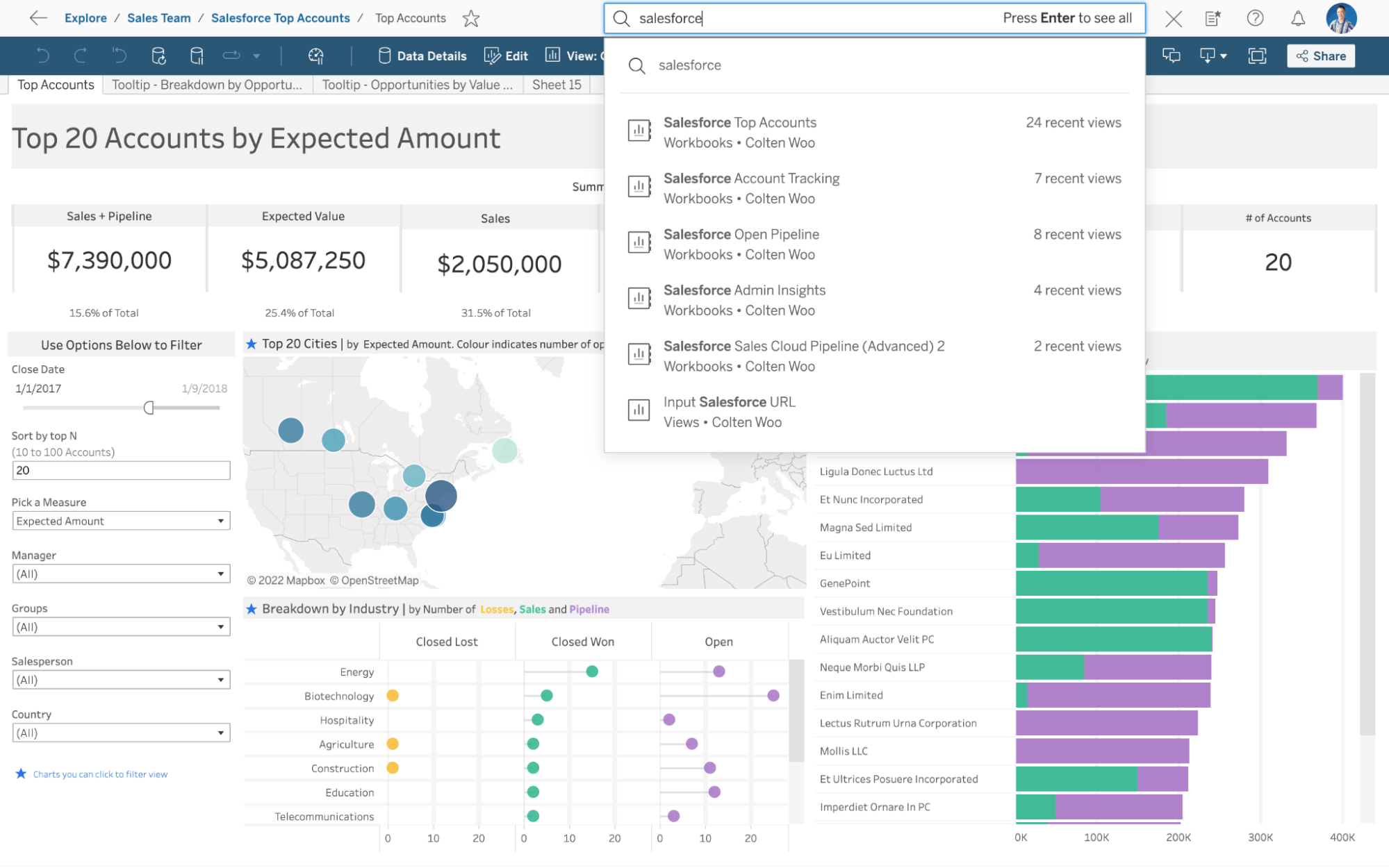 Tableau Cloud-gränssnitt som visar snabbsökningsrutan med senaste sökningar och föreslaget innehåll högst upp 