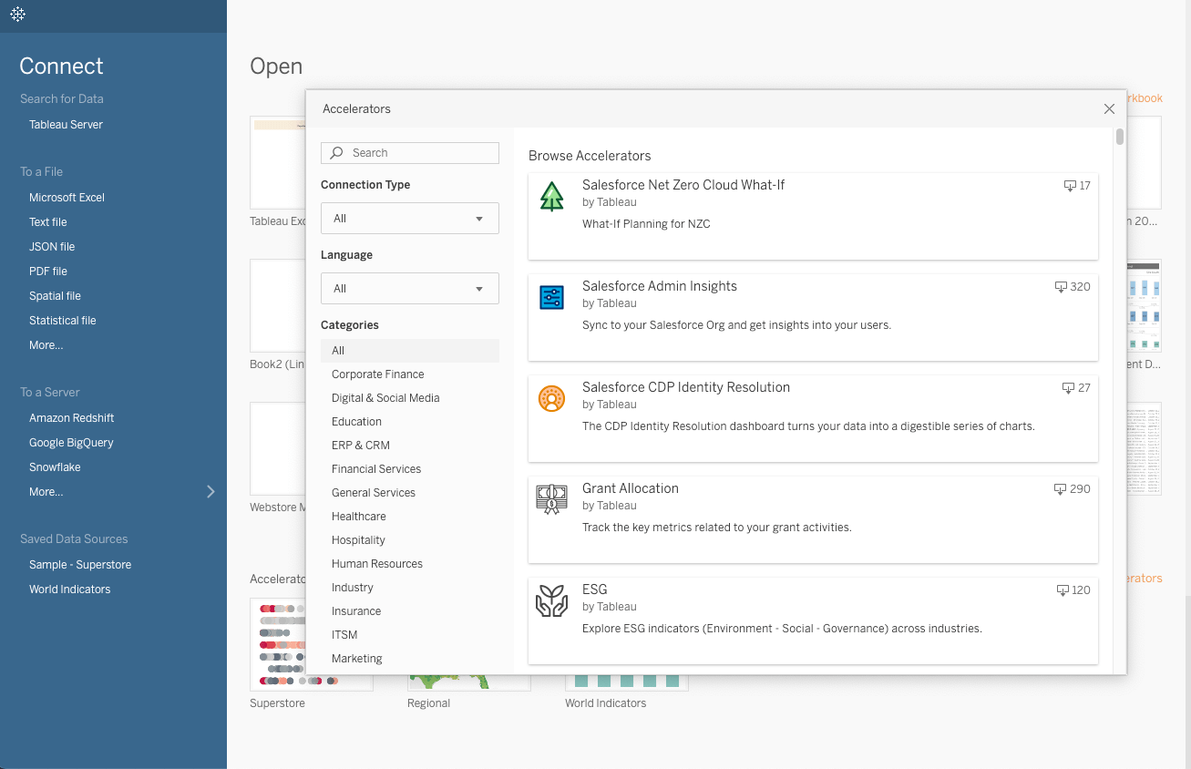 อินเทอร์เฟซ Tableau Desktop แสดง Exchange ในผลิตภัณฑ์ซึ่งผู้ใช้สามารถเรียกดูและเปิดใช้ Accelerators เพื่อวิเคราะห์ Jumpstart