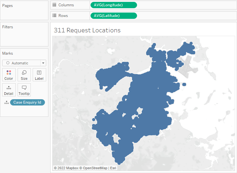 Tableau mapping of longitude, latitude, and case enquiry IDs from the city of Boston appears as a big blue blob.