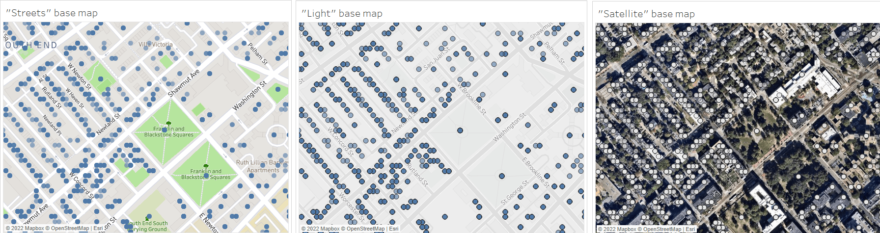 Three side-by-side views of Tableau map styles: streets (blue dots on street map), light (blue dots on grey street grid), and satelite (aerial view of street grid)