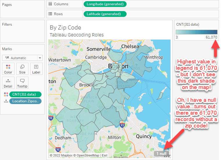 Tableau mapping of longitude and latitude by ZIP code in the Boston area where the highest value (61,070) isn’t visible on the map because it represents records with null ZIP codes 