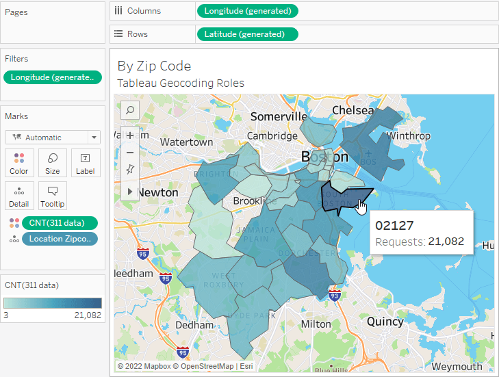 Tableau mapping of longitude and latitude of 311 requests by ZIP code in the Boston area where density of requests is represented by blue