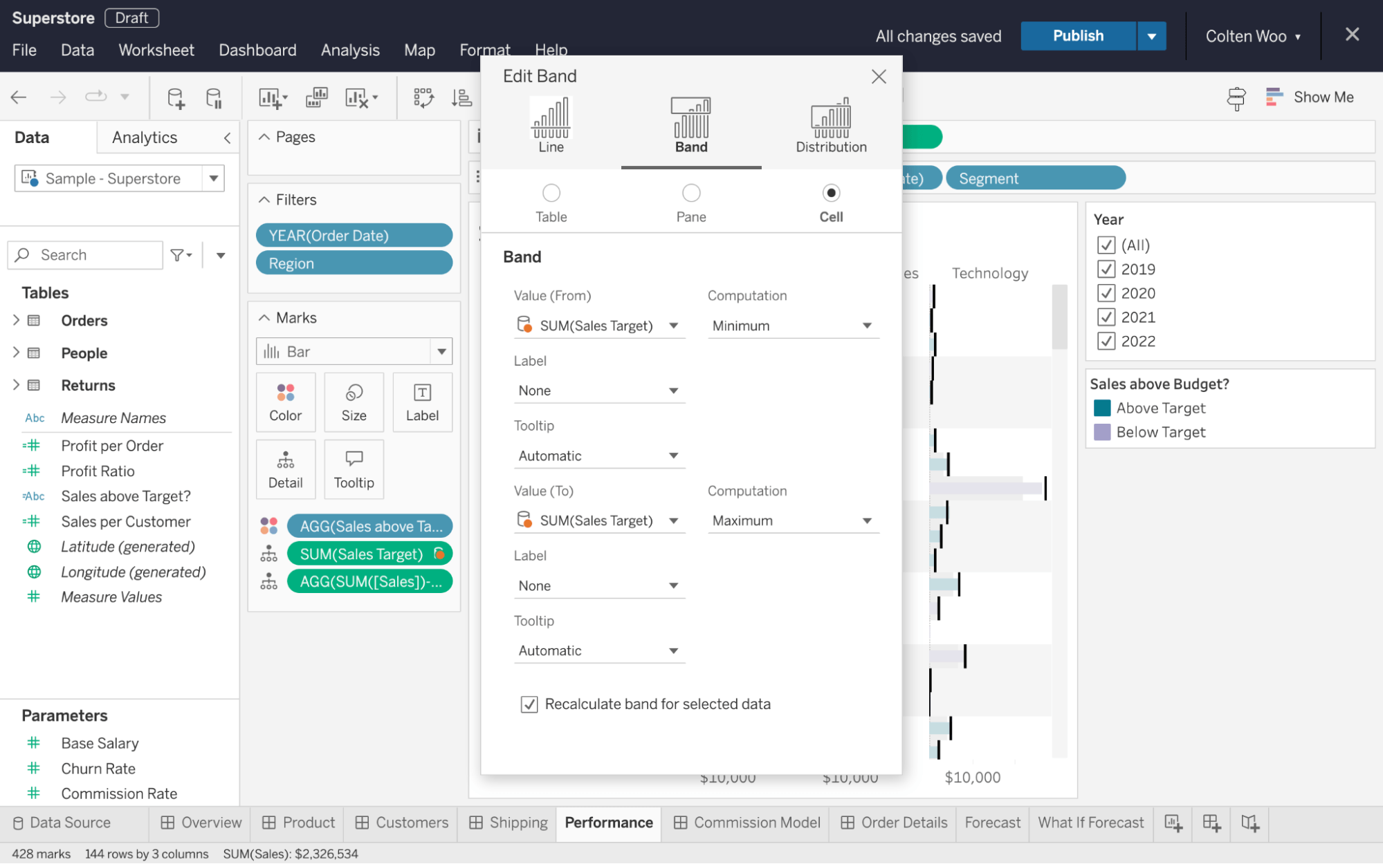 Tableau Web 创作界面，显示用户对参考波段进行格式编辑。