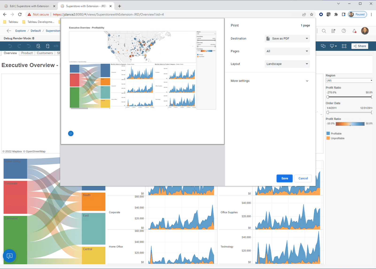 Tableau interface in a web browser, showing a landscape print preview of a dashboard through the browser’s native printing capabilities.