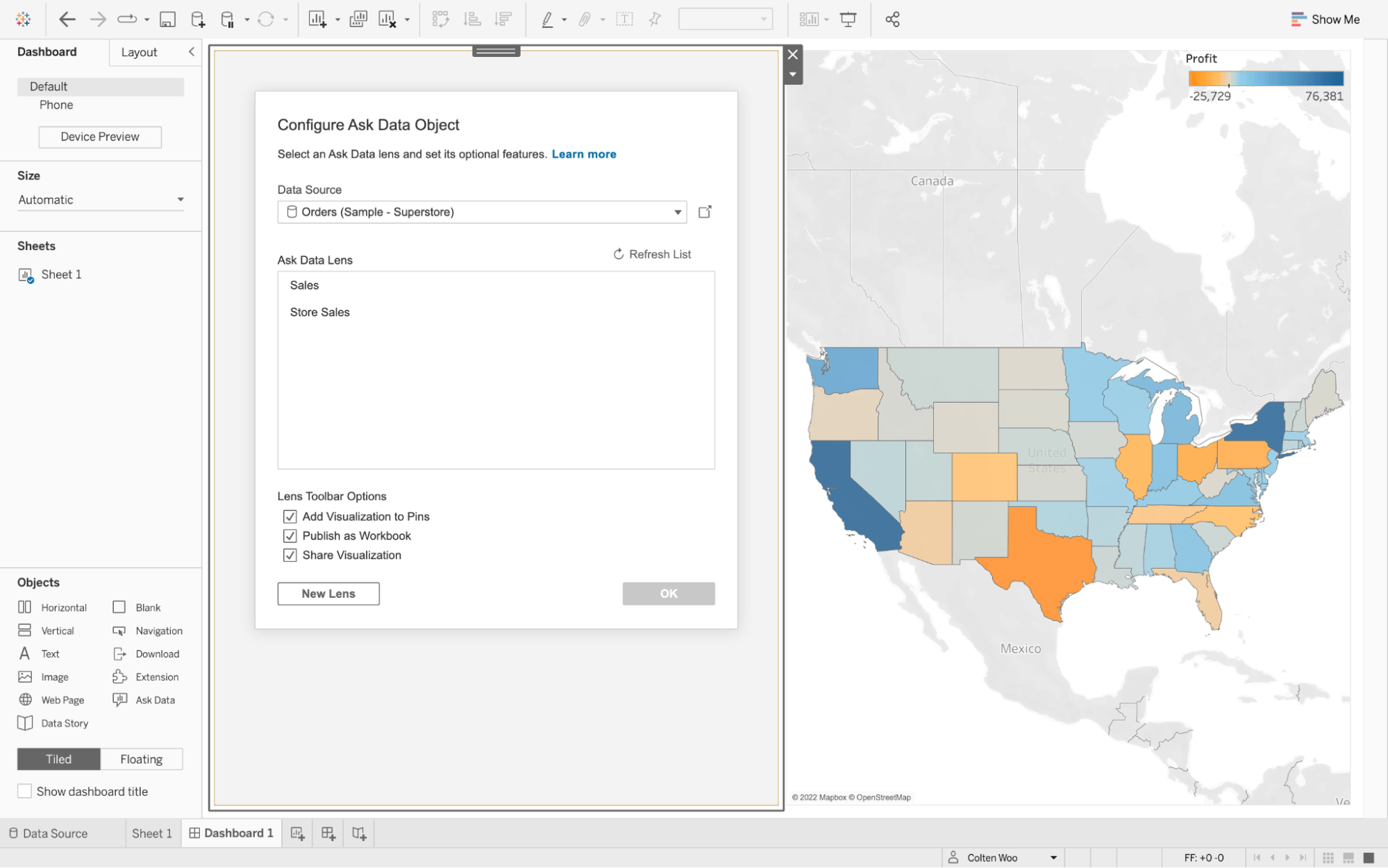 Tableau Desktop interface where a user is configuring the Ask Data object to add natural language query capabilities to a dashboard with a map of profit by state across the United States.