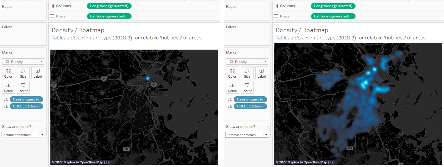 Side by side map views in Tableau of density/heat map. Left map shows a single blue point; right map shows larger blue heat map. 