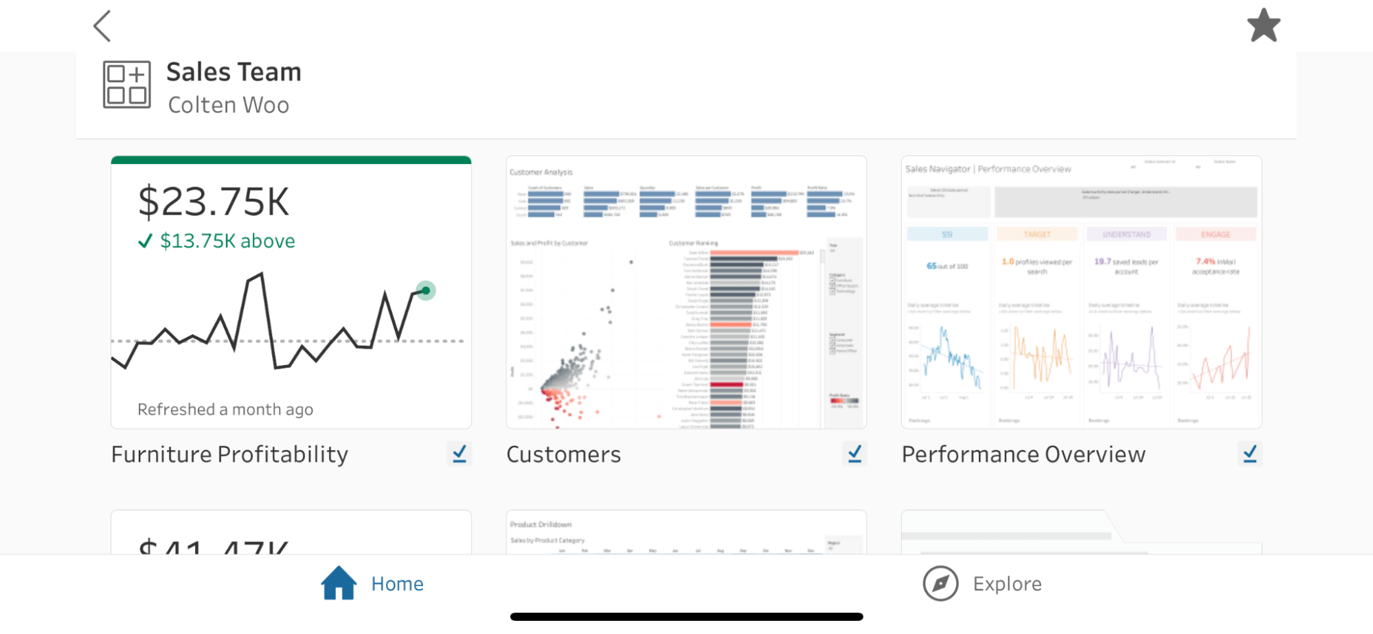 Screenshot of the Tableau Mobile interface, showing a redesigned content browsing experience that includes offline viewing capabilities optimized for mobile devices.