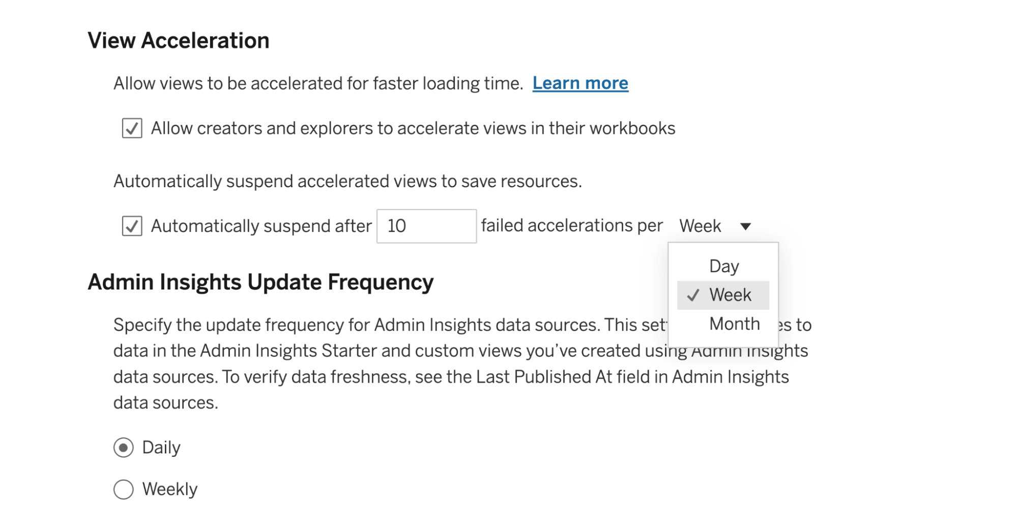 在 Tableau 站点的 View Acceleration 设置中，管理员可以配置 View Acceleration 的自动暂停以节省资源。