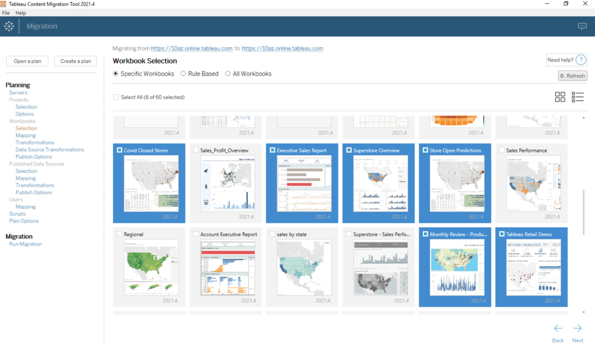 Tableau Cloud interface where a site administrator is selecting a number of workbooks to copy or move using the Content Migration Tool.