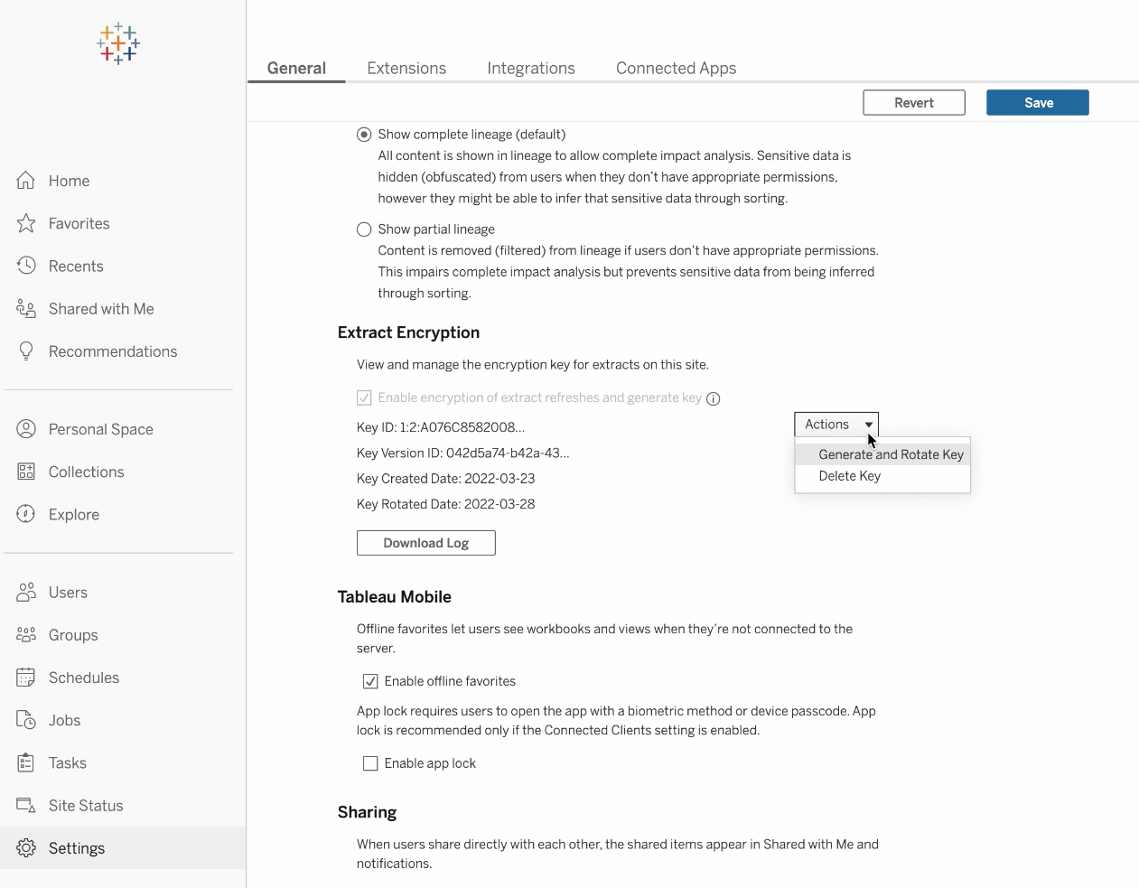 Tableau Cloud 设置界面，站点管理员在其中选择“提取加密”部分中的操作以生成和轮换客户管理的加密密钥。