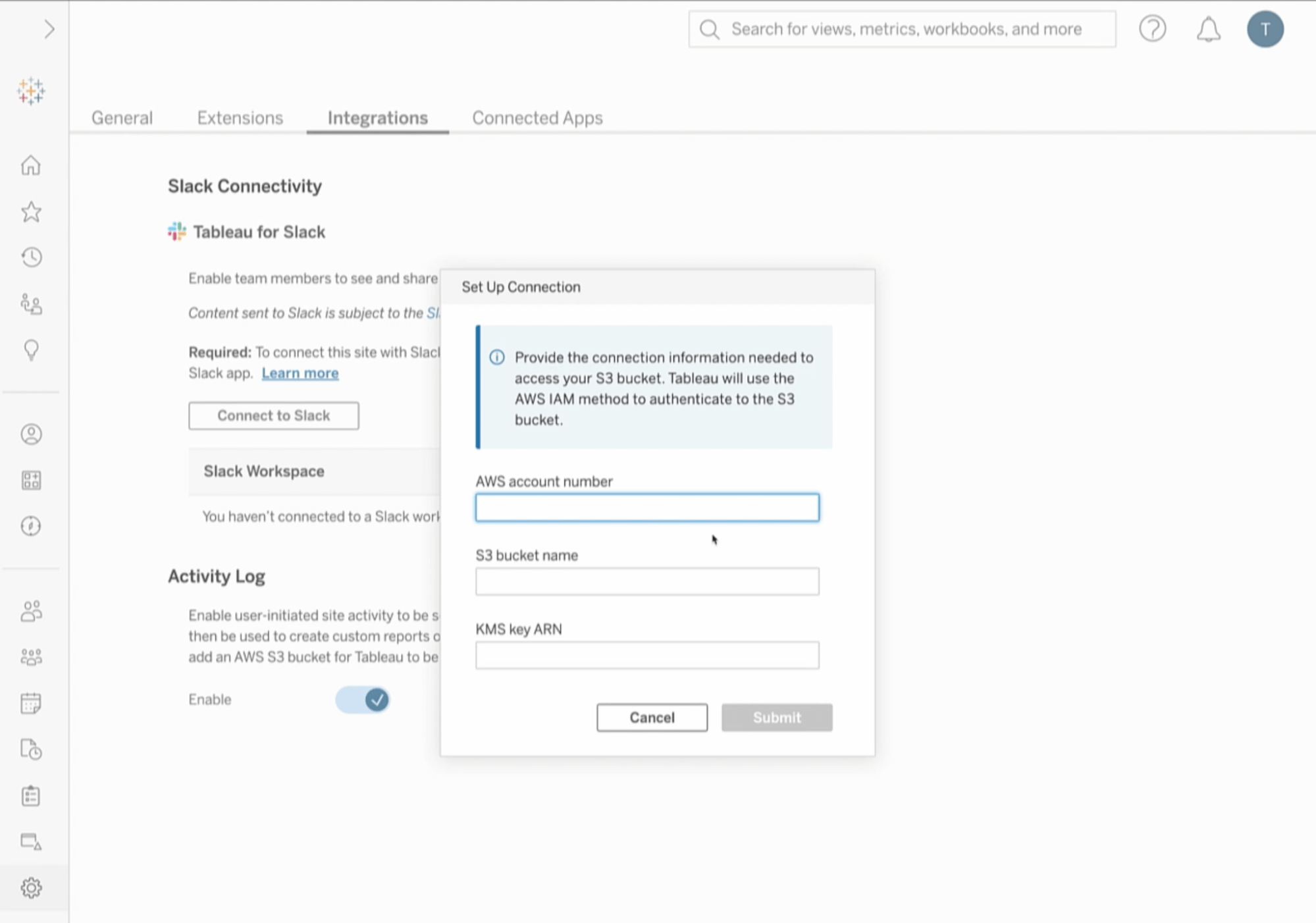 Tableau Cloud settings interface under the Integrations tab where a site administrator can enable records from the Activity Log to land in an Amazon S3 bucket.