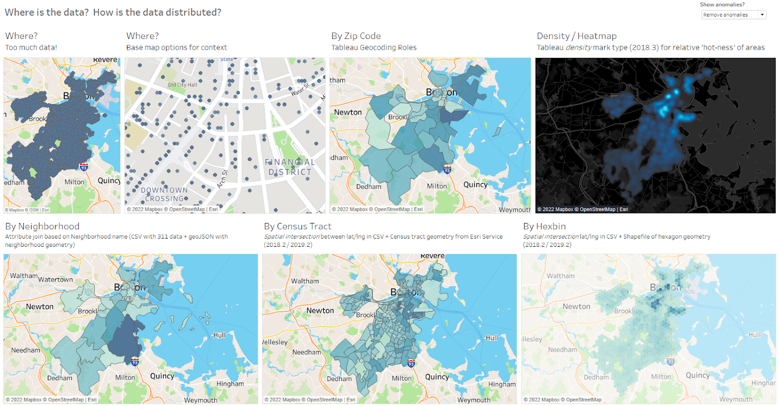 Six maps of the Boston area, each telling a different story. Clockwise, from top left: Where (too much data); where (base map options for context); by ZIP code; density/heatmap; by neighborhood; by Census tract; by Hexbin