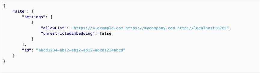 A screenshot of code showing how a developer can configure an allowlist of websites that can host embedded Tableau vizzes.