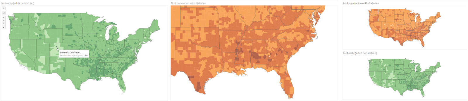 美国探索肥胖率的三张地图的并排视图