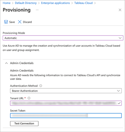Image of a screen that reads "Provisioning" in Tableau Cloud that shows Admin credentials, Provisioning mode, Authentication Method,  Tenant URL and Secret Token with a button to "Test Connection"