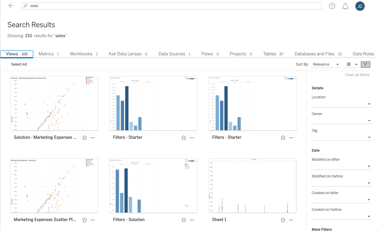 Search Results Page prior to the Tableau 2021.4 release, where content types were still separated by individual tabs and search results weren’t as accurate.