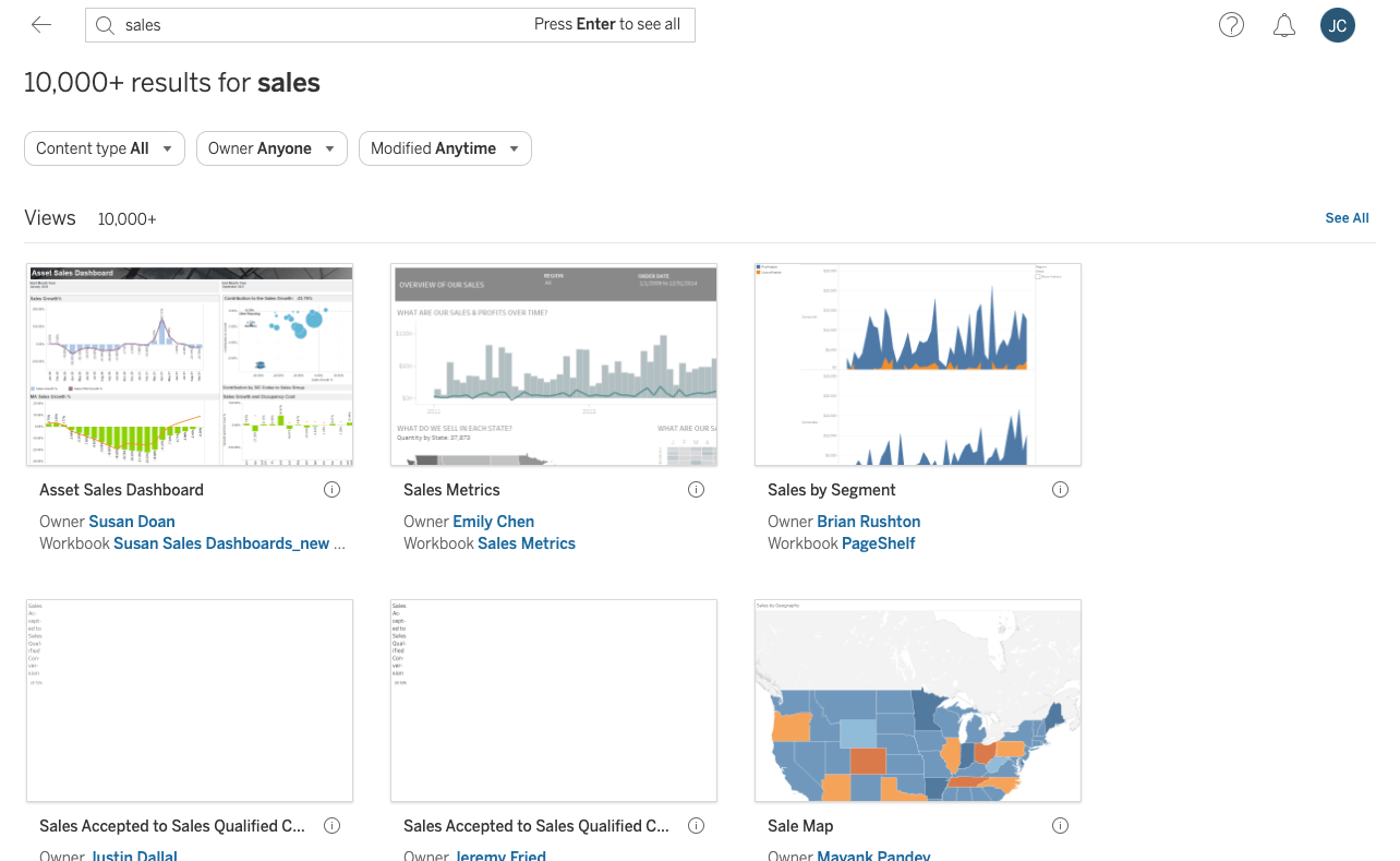 Search Results Page in Tableau 2021.4, where results were no longer presented in tabs by content type, but grouped on the page to reduce clicks and scrolling.