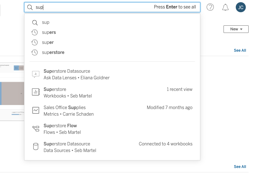 Tableau Quick Search interface, showing search suggestions based on previous queries that populate as the user types, as well as mixed content types in the list of results.