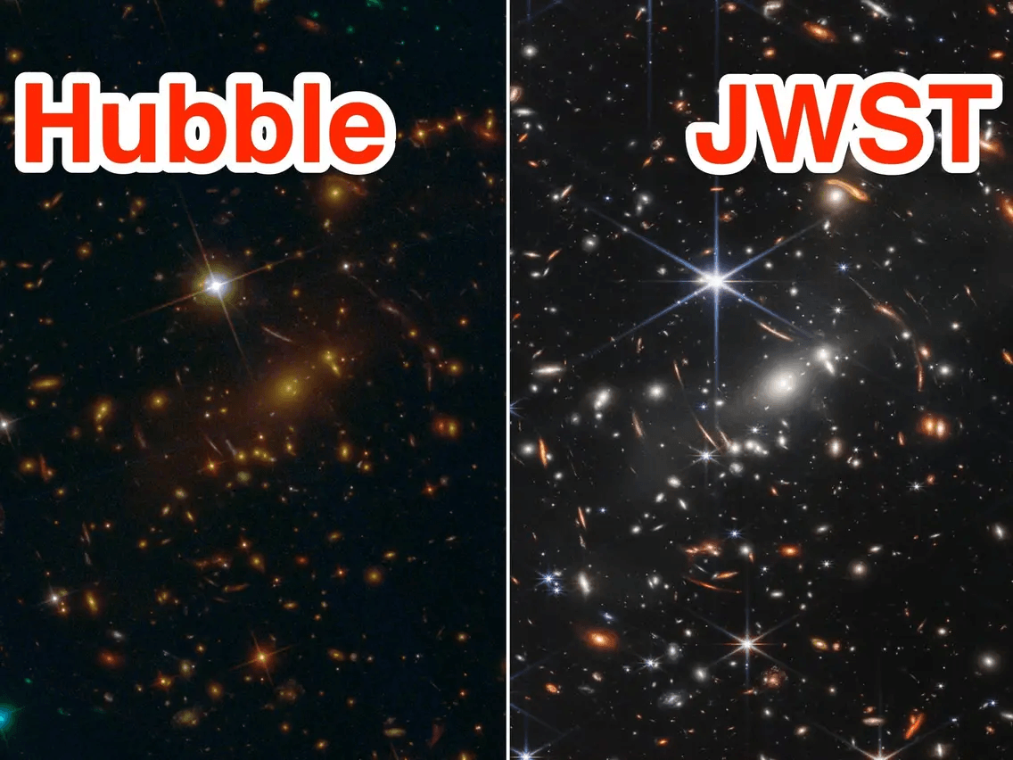 Side by side comparison of Hubble Telescope view (left) and James Webb Space Telescope (JWST), right 