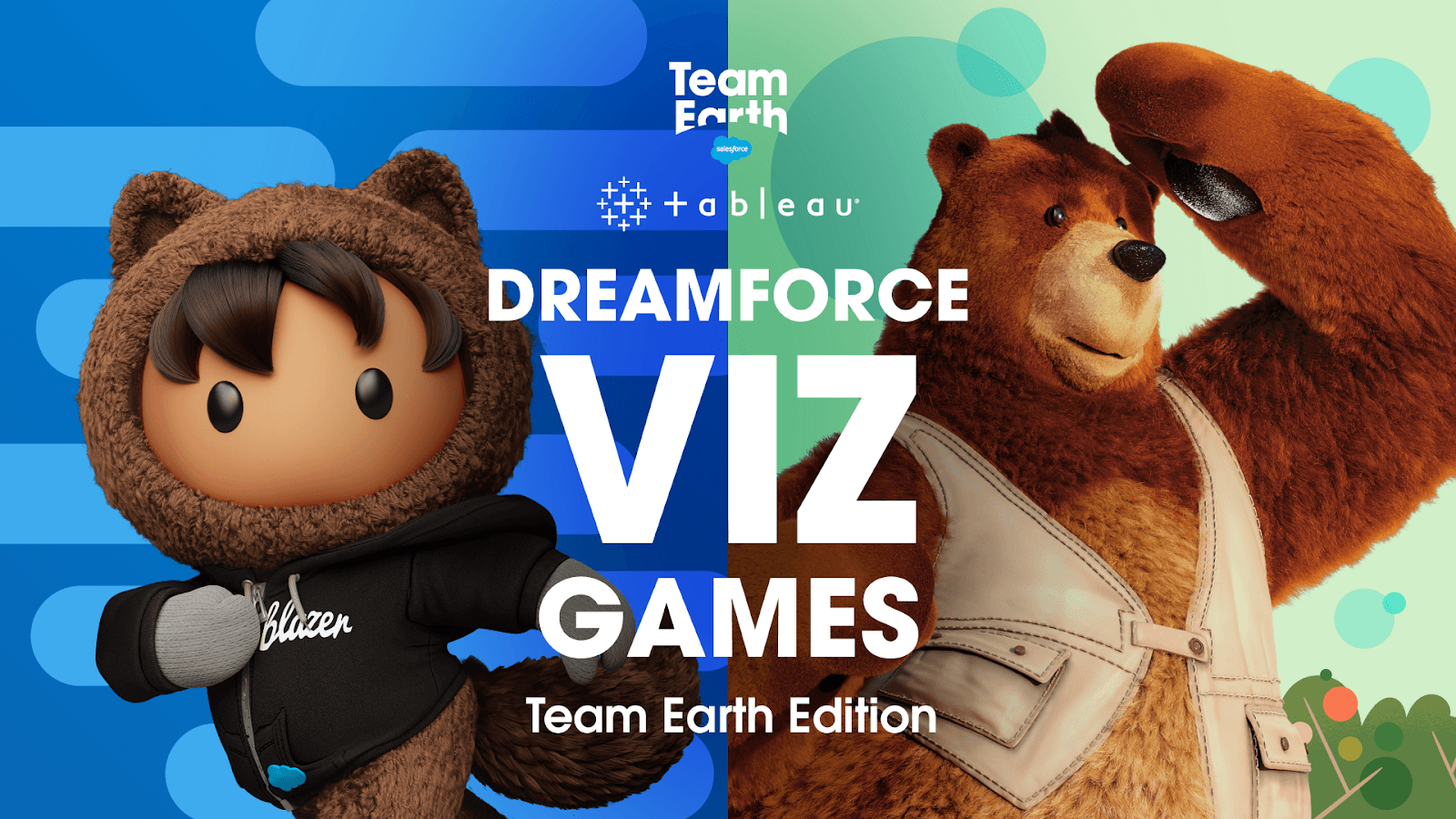Image of Astro character and Cody, the bear character on blue and green background that reads "Dreamforce Viz Games: Team Earth Edition" with the Tableau logo and the Team Earth logo 