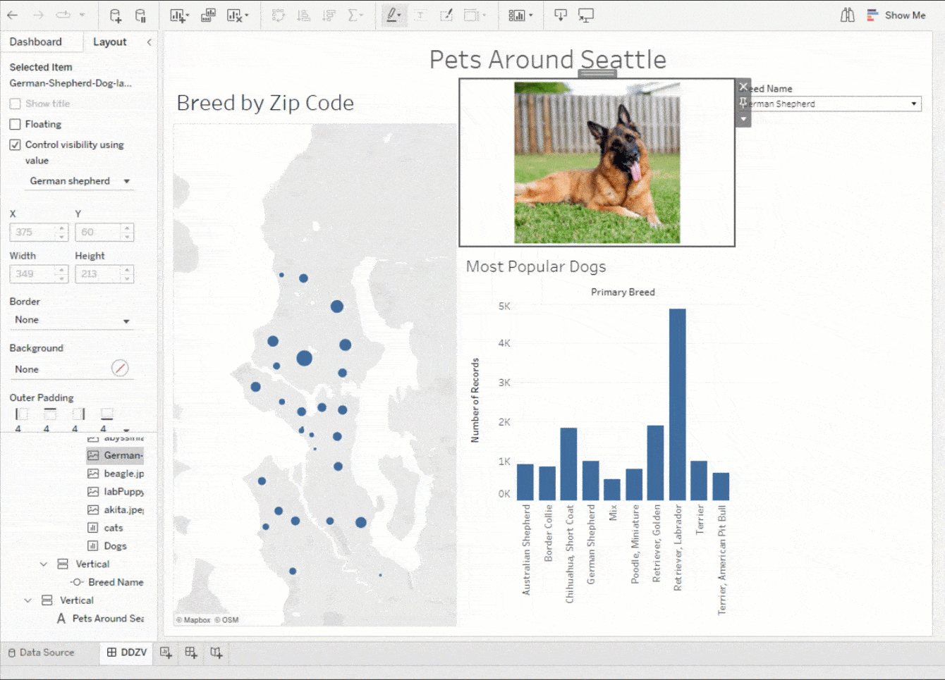 Gif of dynamic zone visibility in the Tableau interface