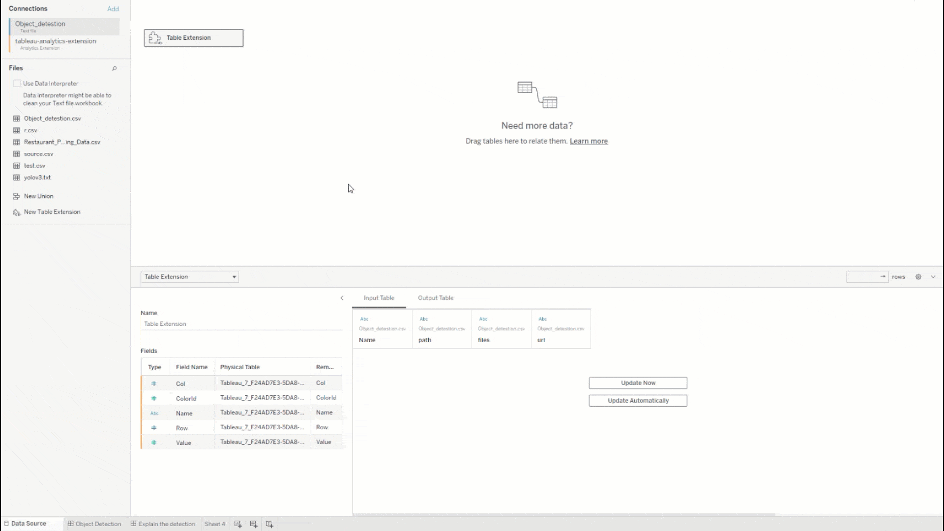 Animated GIF of the Tableau web authoring interface showing the user connecting a Table Extension through TabPy, producing an output table, and filtering through visualizations using data from the output table.
