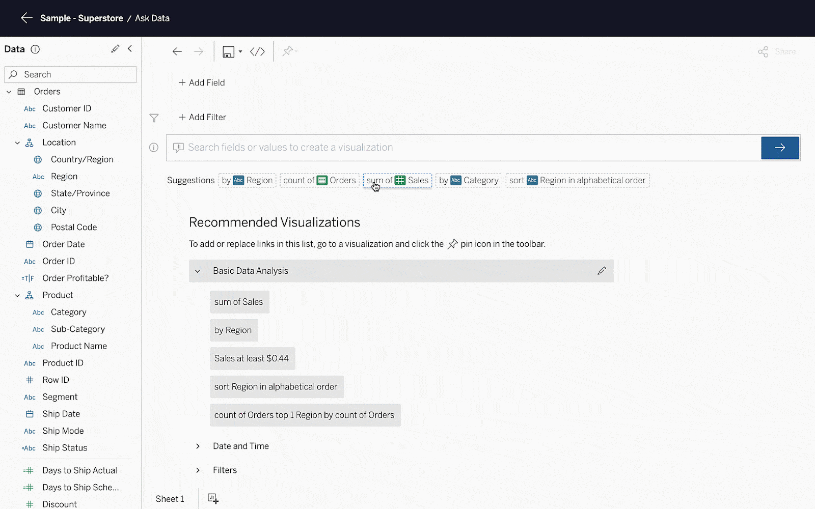GIF of Ask Data phrase recommendations in the Tableau interface