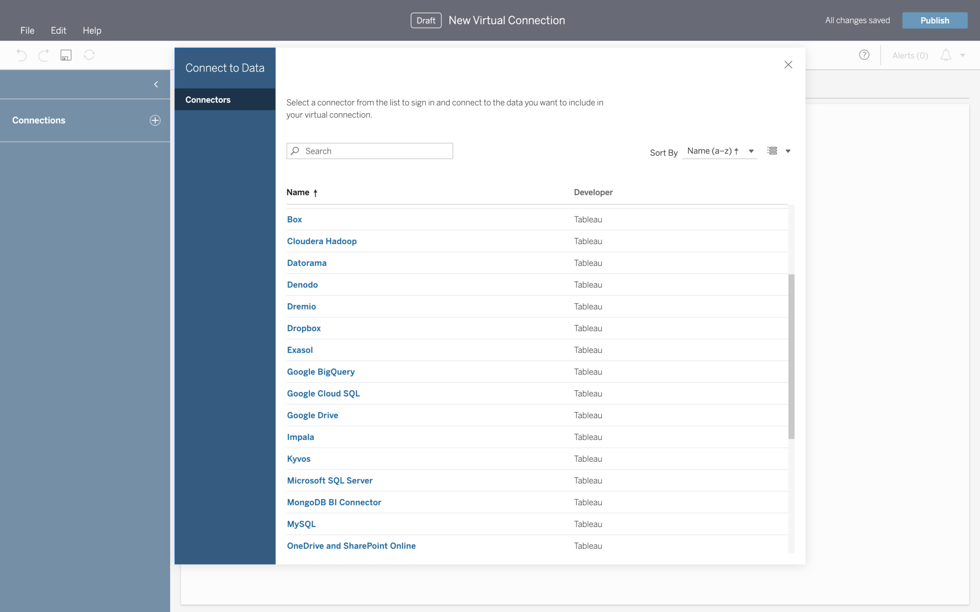 Image showing a list of cloud-based Virtual Connections in Tableau