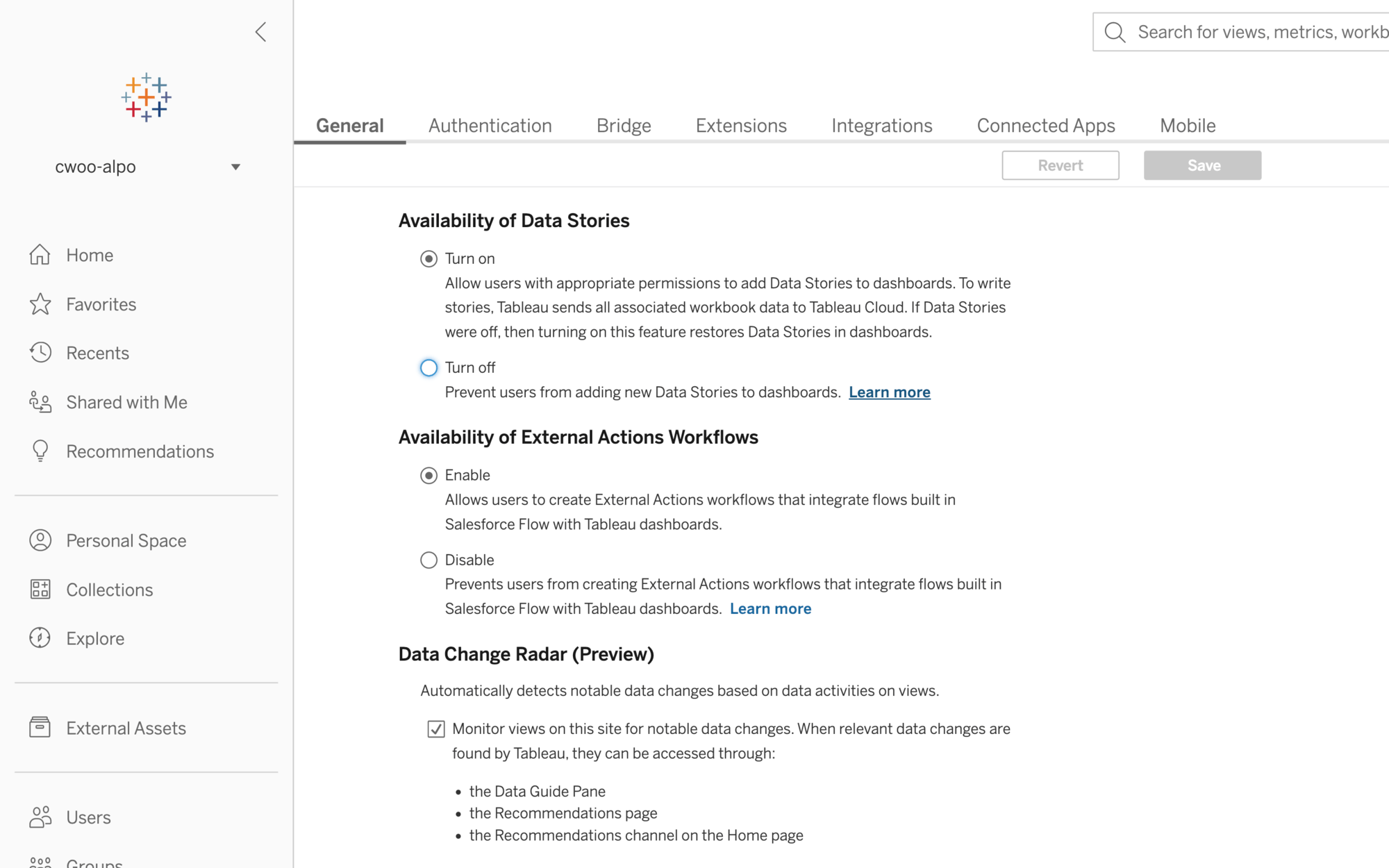 An image showing a user configuring the availability of Data Stories in Tableau