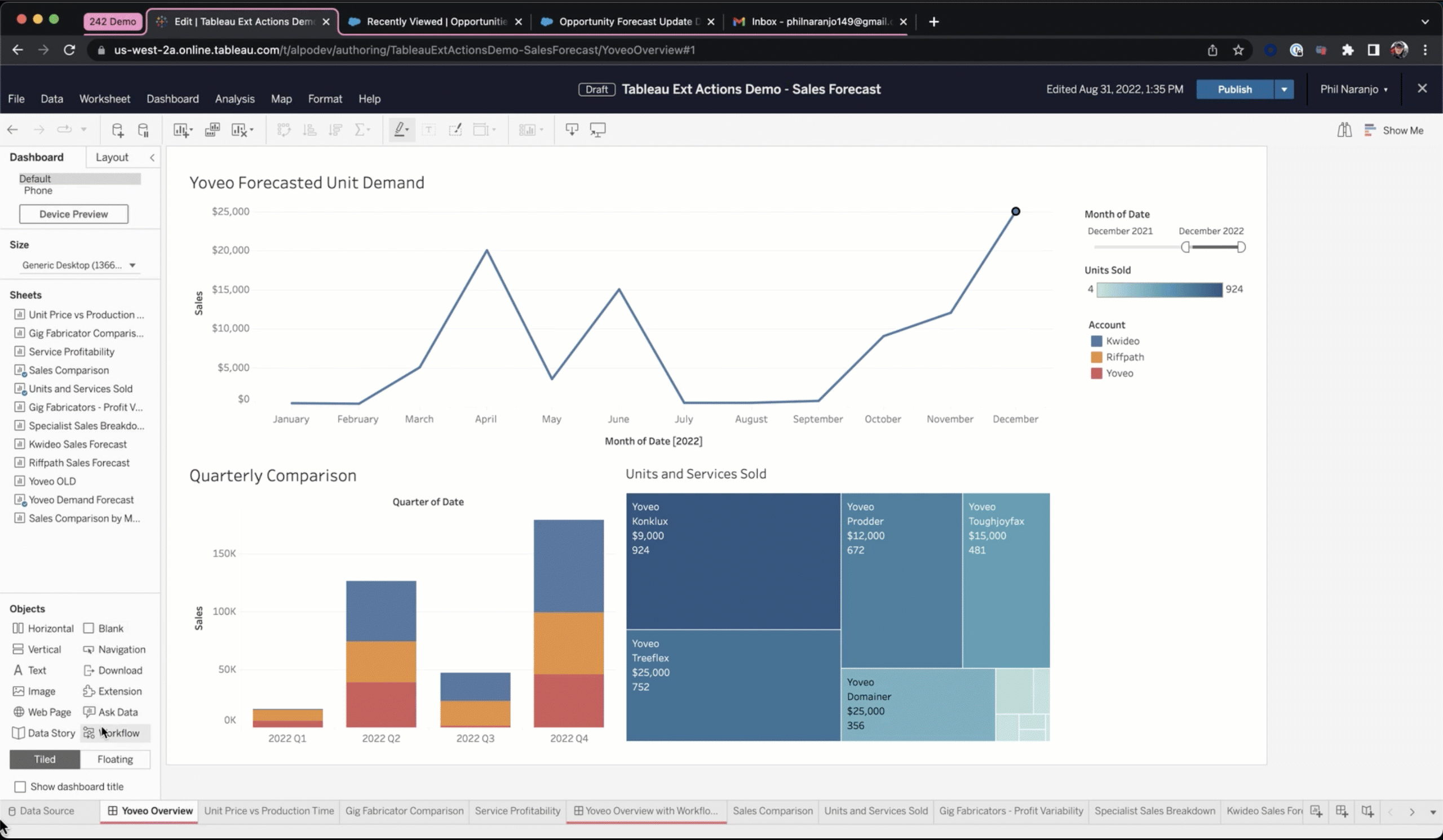 El usuario arrastra la extensión “Flujo de trabajo” a su dashboard.  Configura el flujo de trabajo; para ello, selecciona el flujo y la hoja, asigna los campos y da formato al botón. Como resultado, se crea un botón en el dashboard que se puede usar para iniciar flujos en Salesforce.