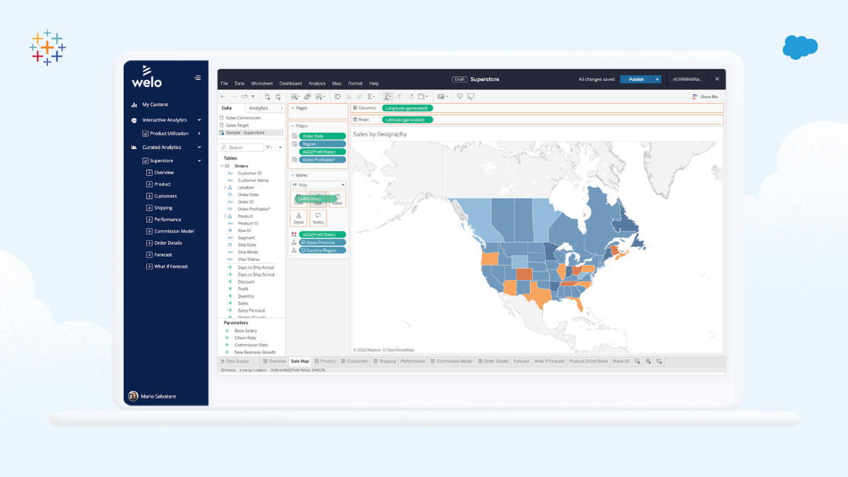 Image of a laptop on a light blue background with white clouds, the Tableau logo, and the Salesforce logo. The laptop shows a visualization shows a visualization embedded into a customer portal 