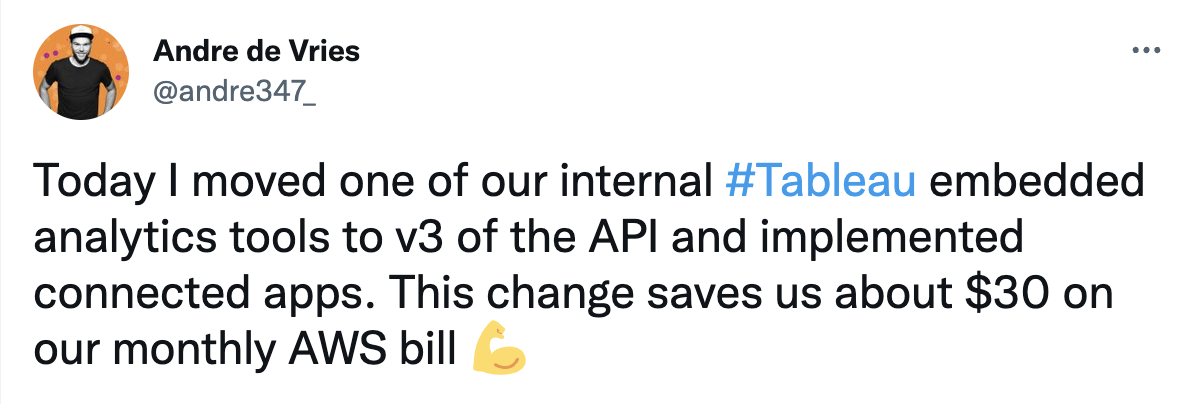 Image of a Tweet from Andre de Vries (@andre347_) that says "Today I moved one of our internal #Tableau embedded analytics tools to v3 of the API and implemented connected apps. This change saves us about $30 on our monthly AWS bill" 