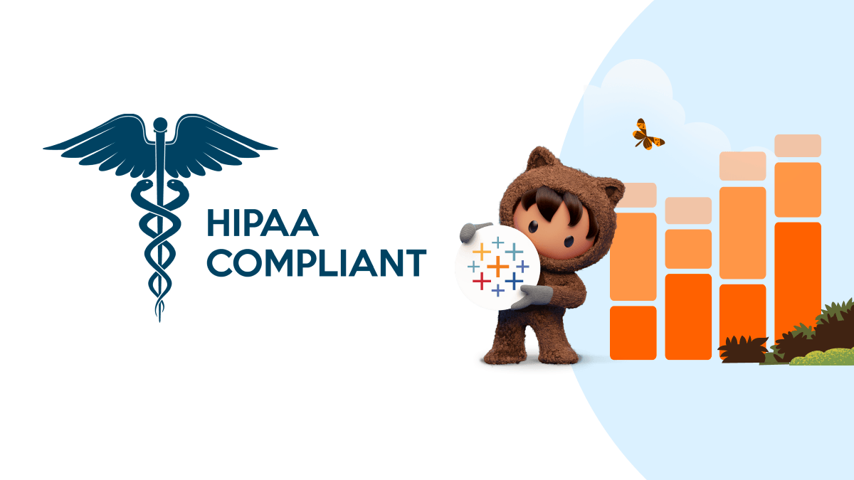 Image with text reading "HIPPA Compliant" with a picture of the Tableau logo held by Astro--the Salesforce mascot