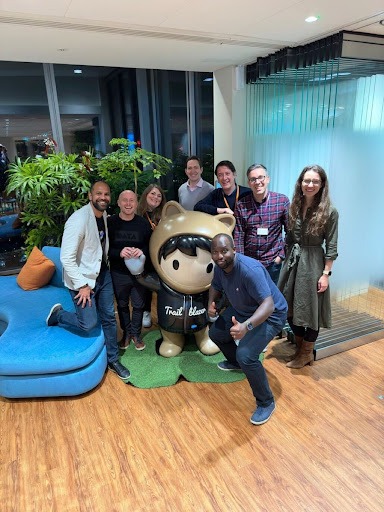 Photo collage of TUG meetup London TUG leaders Paul Chapman, Sarah Bartlett, Pablo Gomez, and David Pires with speakers Thierry Driver, Amy Ryder, Simon Rowe, and Tim Ngwena at the London TUG. 