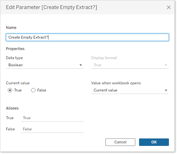 Image of a Tableau user establishing a Boolean parameter named "Create Empty Extract?".  The Data Type is "Boolean" and the Current Value is "True"