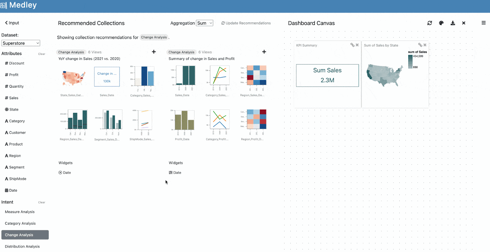 GIF showing collections updated to focus on the Profit attribute (instead of Sales) as the Profit attribute is selected in the input panel. Two views displaying the yearly changes in Profit are added to the canvas along with a year picker widget to interactively select the focus year in the dashboard.
